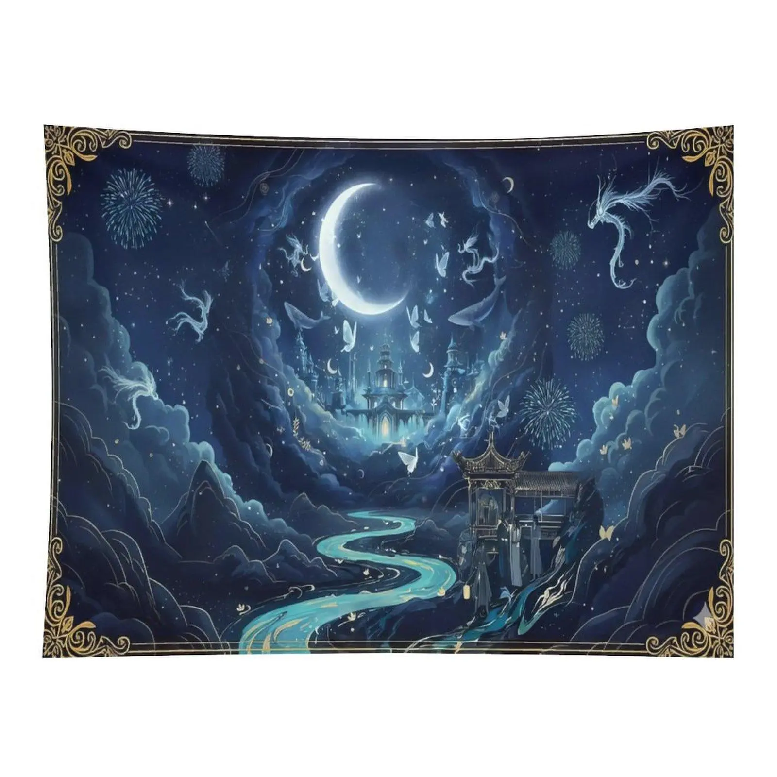 Dark Fantasy Crescent Moon Castle Dragon Tapestry Oriental River Pavilion Starry Night Scene Art Wall Hanging Decoration