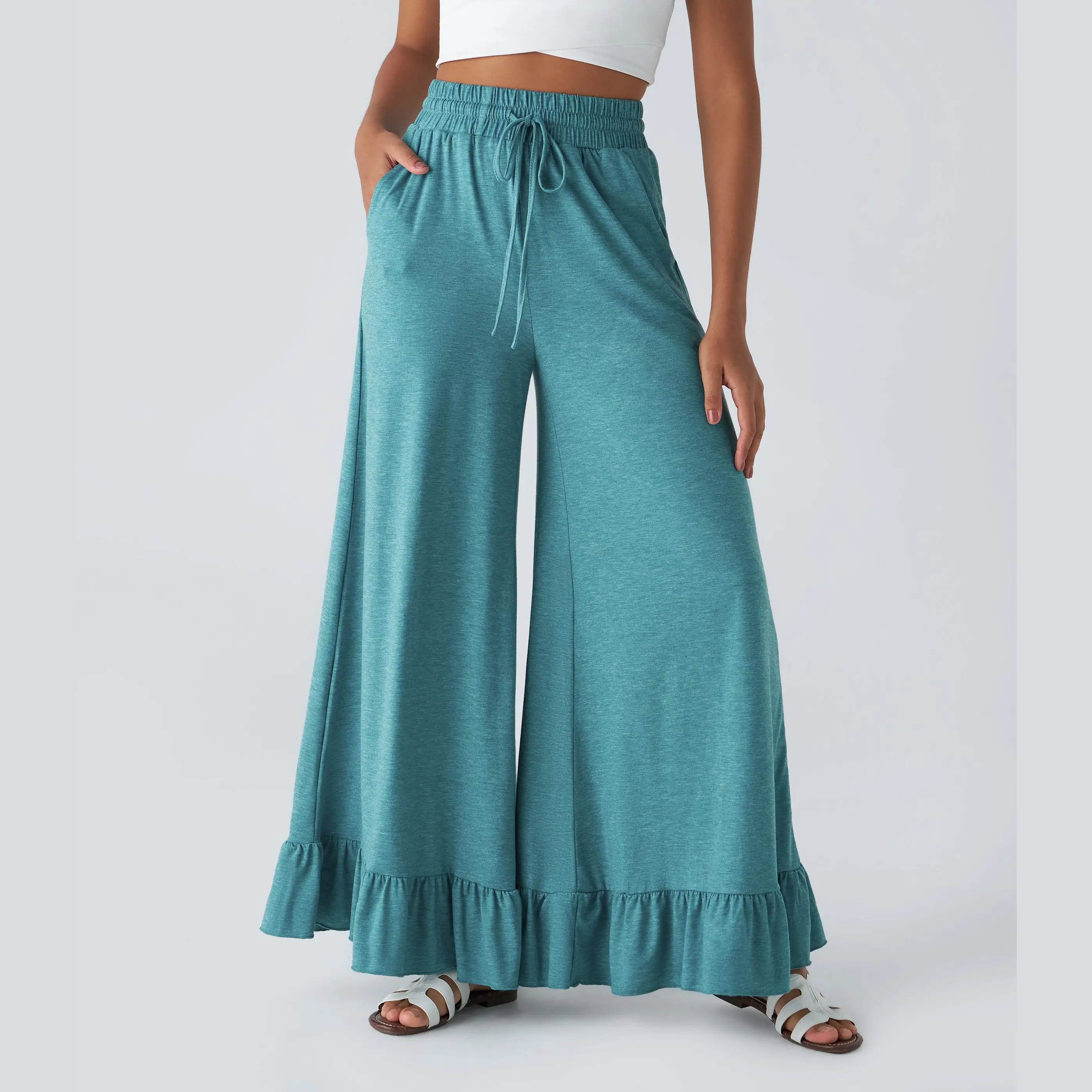 Halara High Waisted Drawstring Side Pocket Ruffle Wide Leg Casual Pants ...