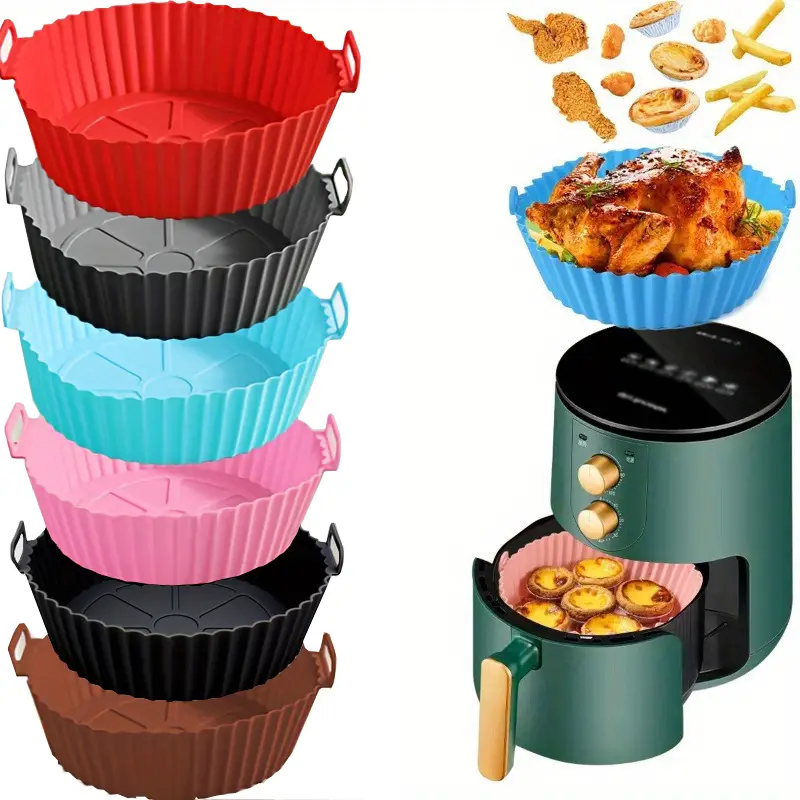 Collapsible Silicone Air Fryer Basket - High Temp Resistant, Round Baking Pan with Handles, Perfect for Oven or Air Fryer Use, Easy to Clean and Store