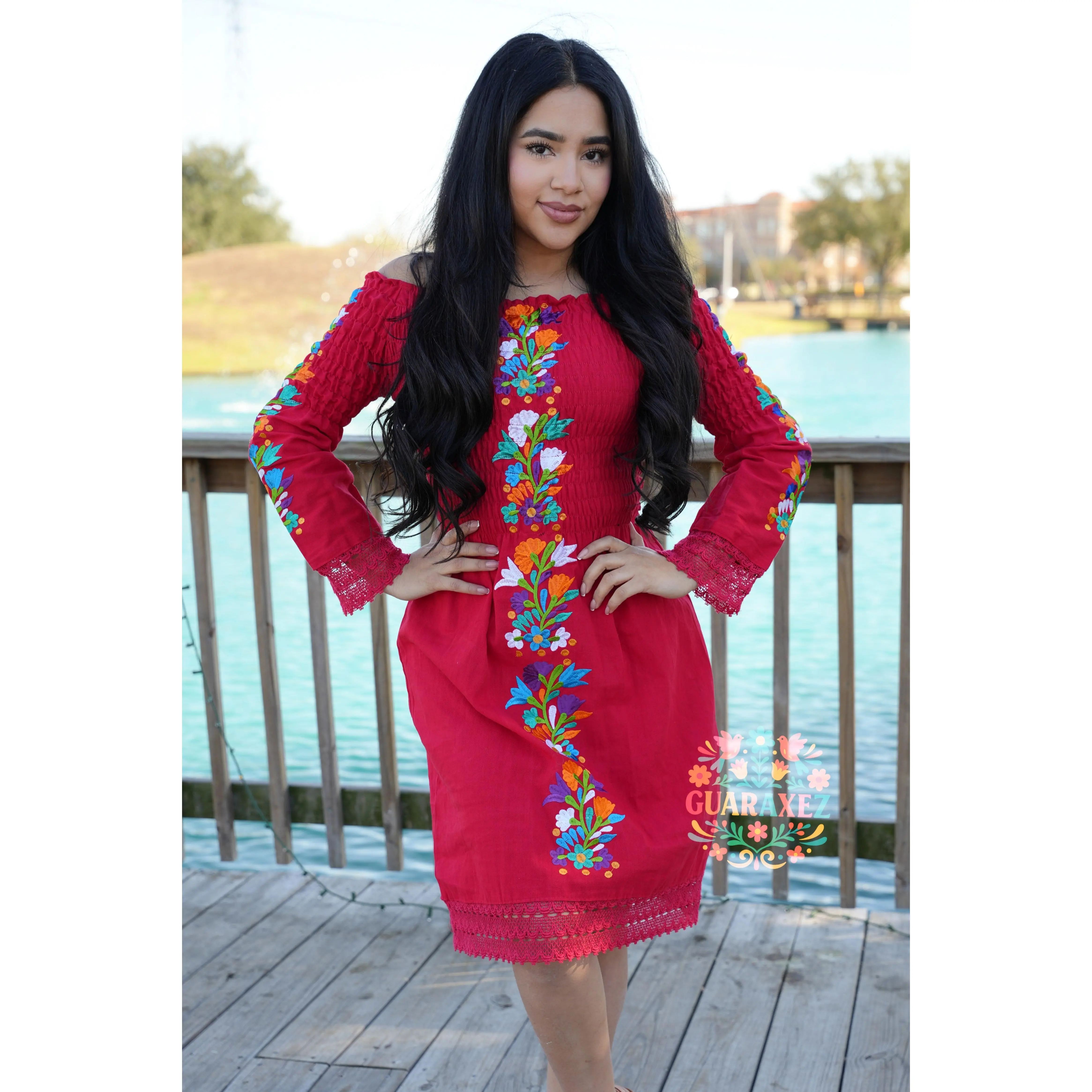 Maya Red Dress - Casual Stretchy Women's Dress with Embroidery, Long  Sleeves, Adjustable Fit, Ideal for Summer Wear - TikTok Shop