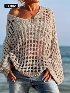 Women's V Neck Drop Shoulder Knit Sweater Pullover, Comfy, Breathable and Stylish Knitwear for Spring Summer Casual Wear, Beach Vacation and Sun Protection