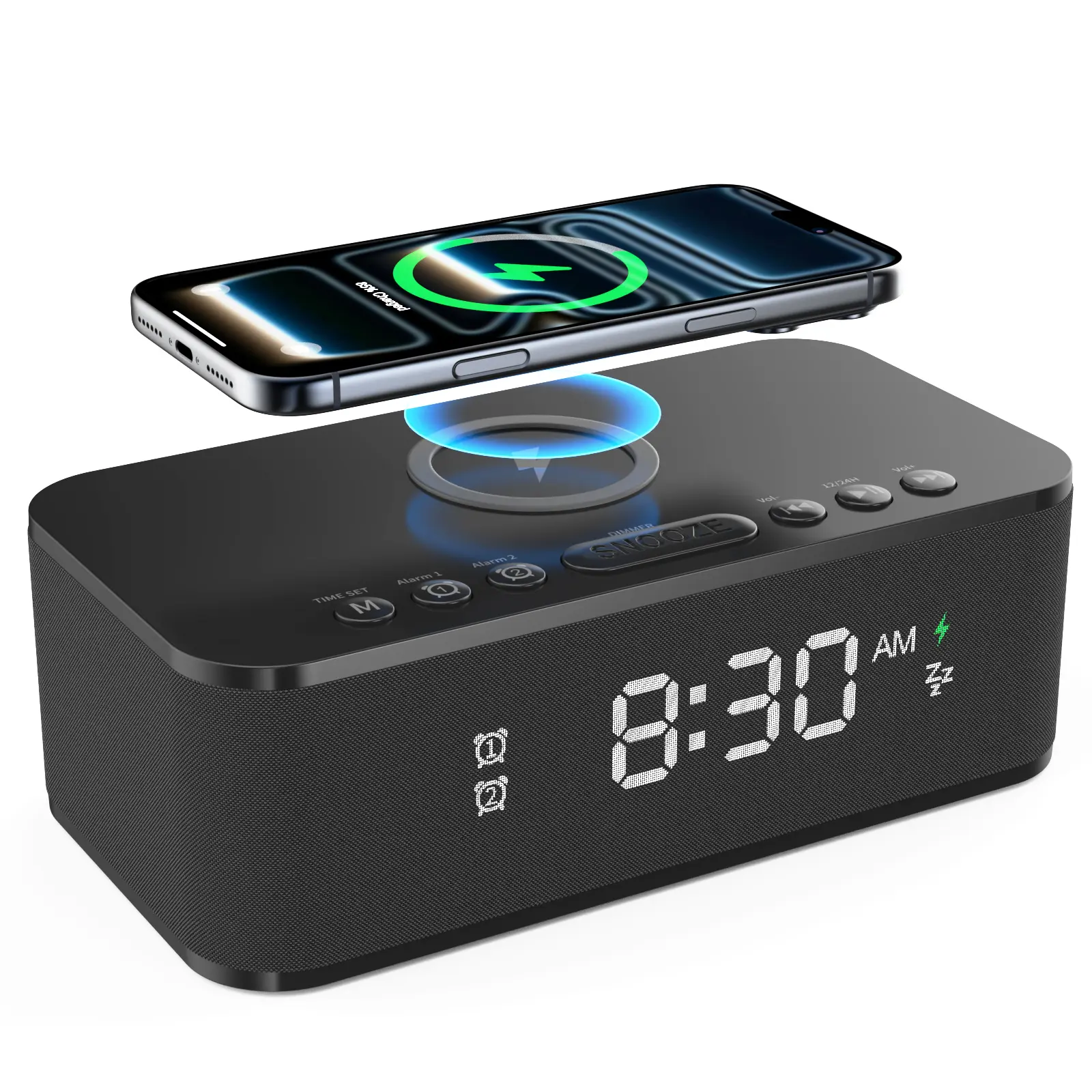Black Bluetooth Speaker Alarm Clock for Bedrooms - 23 Soothing Noises, Wireless & USB Charging, 9min Snooze, Dual Alarm, 12/24H Adjustable Brightness, Stereo Speakers, USB/AUX Input, Bedroom Decor Piece