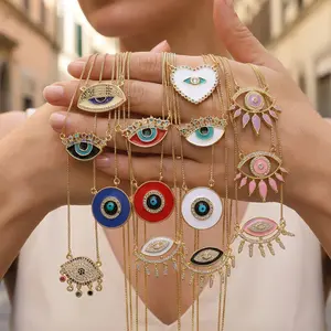 Vibecharm Adjustable Charms Colorful Enamel Evil Eye Gemstone Necklace - Gold-Plated Copper Chain, Heart & Round Eye Charms with Sparkly Zircon, Long-Length Pendant, Boho Protection Amulet for Her, Daily Modern Fashion Costume Jewelry, Adjustable Charms N