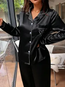 Women's Casual Heart Embroidery Set, Long Sleeve Top and Pants, Button Front, Loose-Fit, All Seasons Loungewear Nightwear Pajama Set