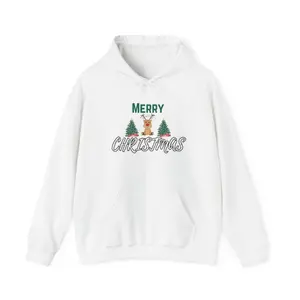 Women's Christmas celebration with reindeer and Christmas trees Graphic Hoodie - Long Sleeve Pullover Regular Fit | Soft & Breathable Fabric, Durable Print, Everyday Comfort, Machine Washable, festive and holiday-themed Holiday season, likely worn during