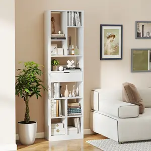 COSTWAY - 7-tier Bookshelf with Drawer 180cm Floor Standing Display Rack Storage Shelf-White