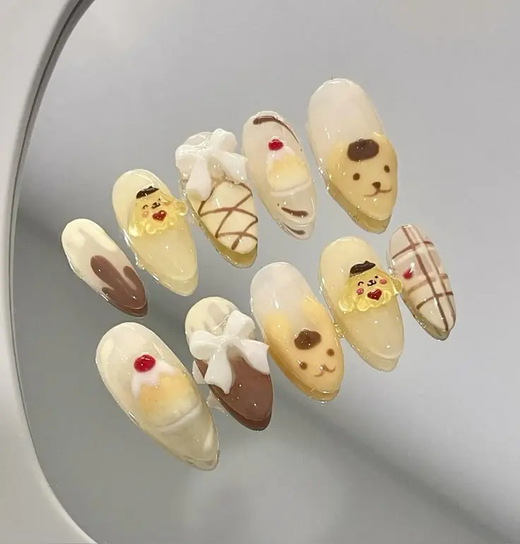 Handmade OPompompurinee Inspired Press On Nails | Kawaii 3D USanriope Nails with Pudding, Bow Charms & Cute Yellow Fake Nails with FREE Adhesive Tabs FREE Nail File FREE Cuticle Stick