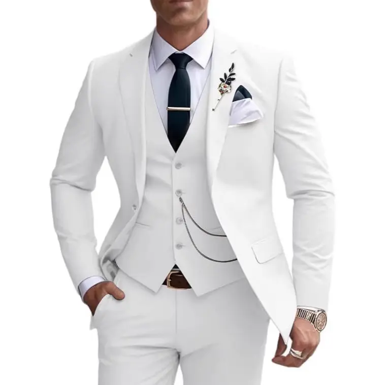 Three-Piece Set Slim Fit  Evening Party Outfit Pants Vest Jacket Formal Long Sleeve Beige Menswear suit