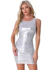 INSPIRE CHIC Women's Sexy Sleeveless Ruched Party Dress Metallic Bodycon Mini Tank Dresses Silver