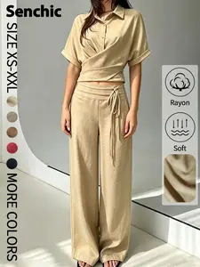 Elegant Lace-Up Shirt Set for Women, Boho Style Short Sleeve Top & Long Pants, Breathable Linen Feel, Business Casual
