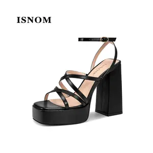 ISNOM Women's Chunky Heels 12cm Block Heel Sandals Open Square Toe Ankle Strap PU Leather Comfortable Wear-Resistant Ideal for Dates Club Nights Shopping Work Party Footwear Walking Shoes #WeeklyDeals#SummerVibes #outdoorfun #tiktokshopmemorialday