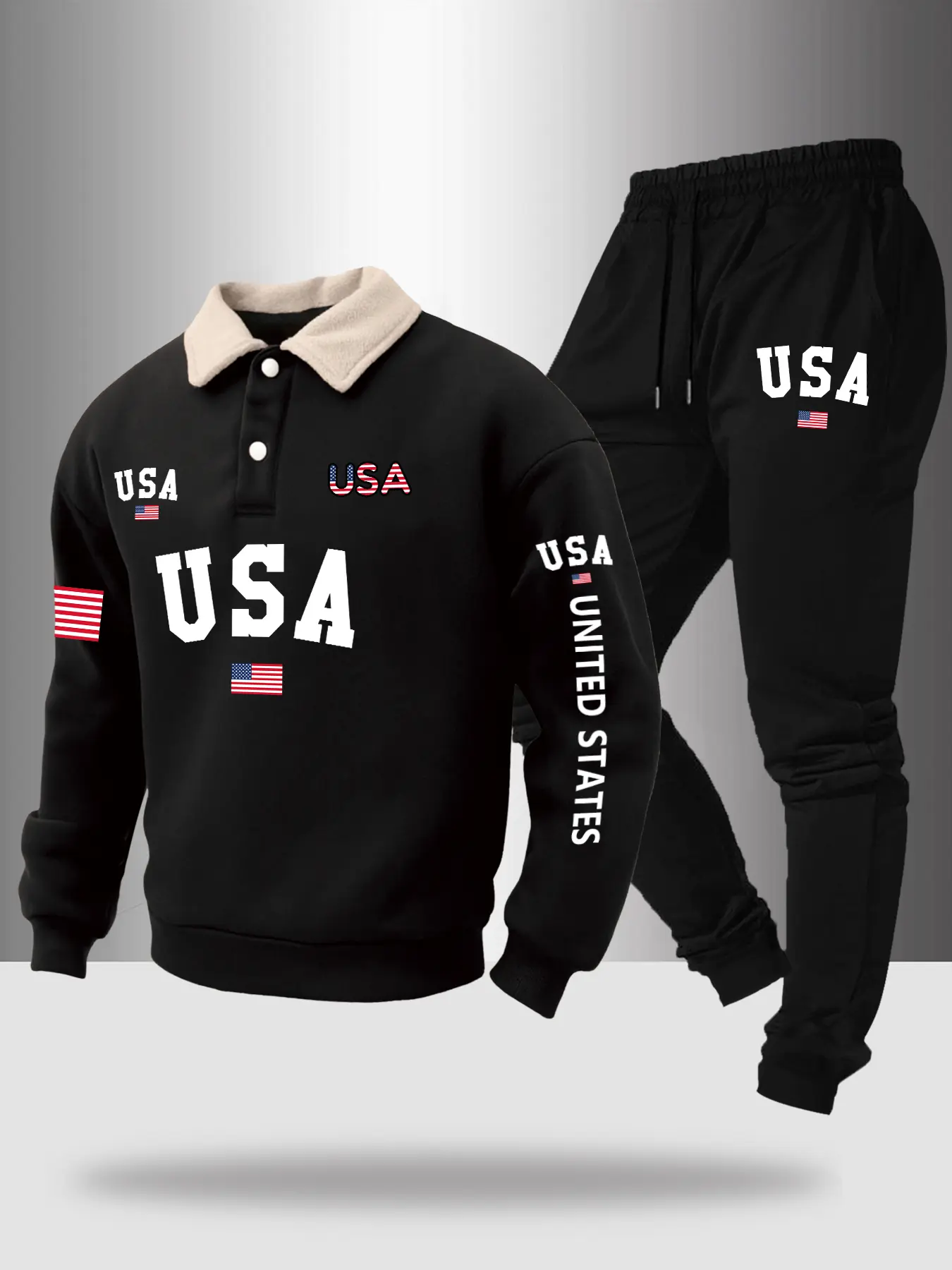 Men's Fall Winter Polo Neck Sweatshirt Set, Letter Flag Print Fleece Half Button Hoodie + Drawstring Casual Athletic Sportswear Sport Pants, 2 Piece Pack Tracksuit Set