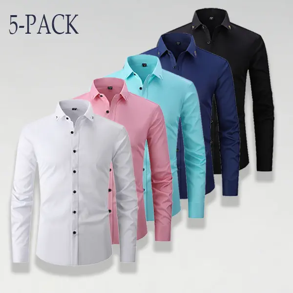 Men's 5-Pack Button-Down Dress Shirts, Chic Long-Sleeve Cuffed Wrinkle-Resistant Oxford Tops for Business Casual, Year-Round Office OOTD, Oxford Fabric