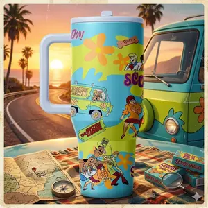 1 Pc 40oz Insulated Mug, Classic, Retro 70s Mystery Solving Detective Van Print Thermal Mug, Light Blue Hippie Floral Tumbler With Handle And Lid, Double Wall Leak Proof Large Travel Mug For Hot Cold Drinks, Nostalgic Gift For Women Men