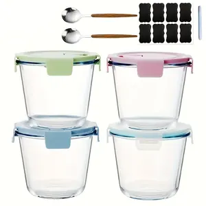 4pcs/Set Round Glass Food Storage Container with Lid and Spoon , with Stickers and Pen, Leak-Proof Glass Container for Soup, Lunch, Salad, Leftovers, Ice Cream, Lid with 4 Locking Tabs, Microwave, Dishwasher and Freezer Safe