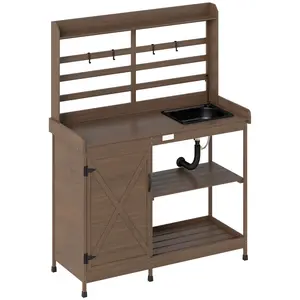 Dark Brown Wooden Potting Bench – Heavy-Duty Outdoor Gardening Workstation with Storage, Built-in Deep Sink, Swivel Water Tap, Hose Hookup, Slatted Shelf, Pegboard for Backyard, Patio
