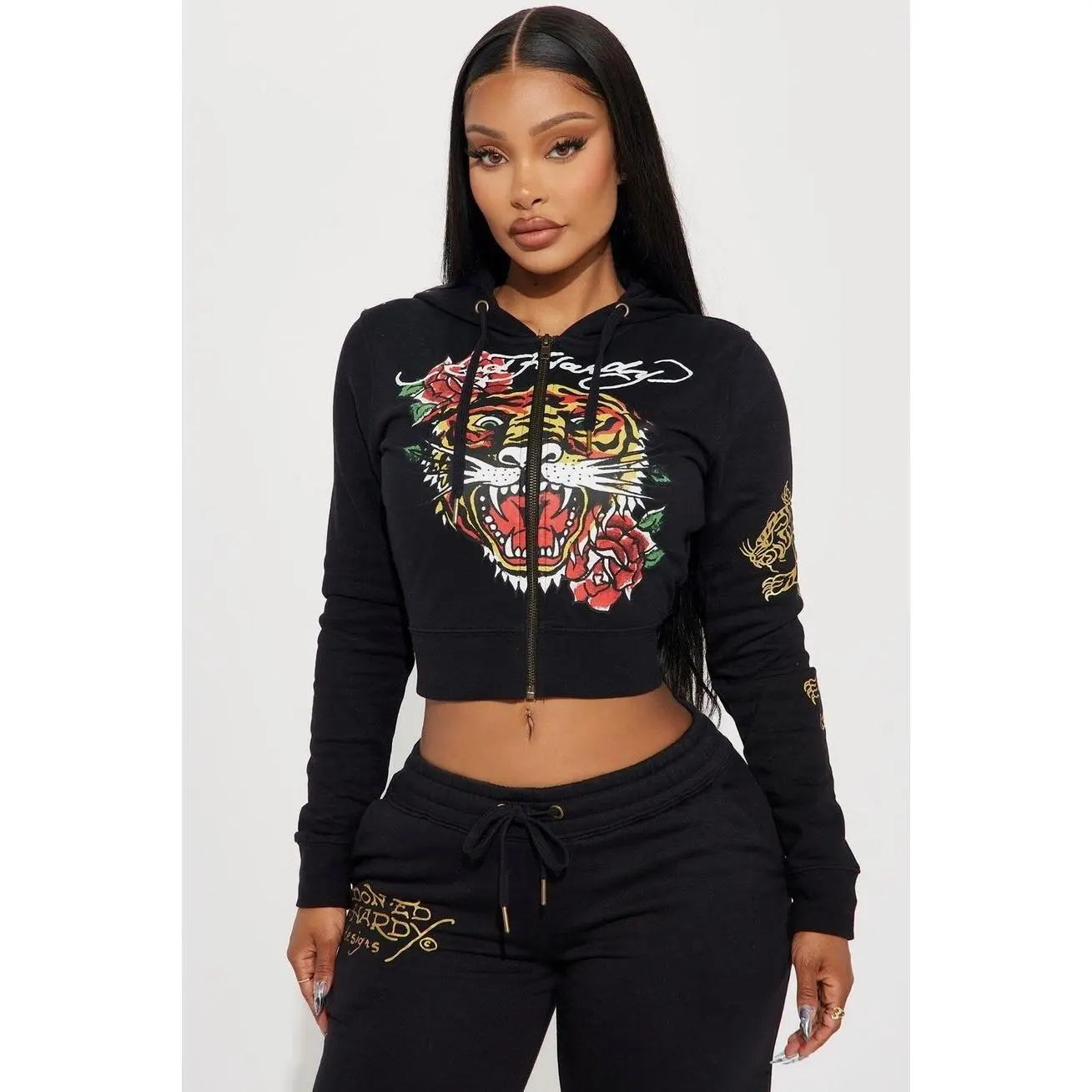 Ed Hardy Retro Tiger Zip Front Hoodie - Black 8