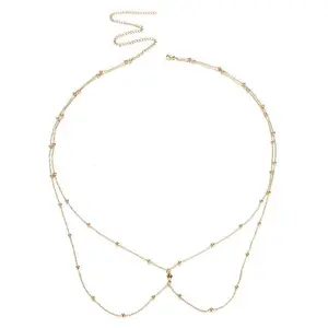 Women's Gold-Tone Double-Layer Beaded Waist Chain - Minimalist Sexy Belly Bikini Body Jewelry, Fashion Costume Accessory for Beach Vacation & Party