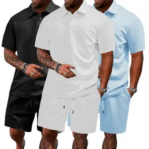Men’s solid-color polo shirt and drawstring-waist shorts set, a comfortable, breathable two-piece casual outfit suitable for everyday outdoor wear—summer menswear.