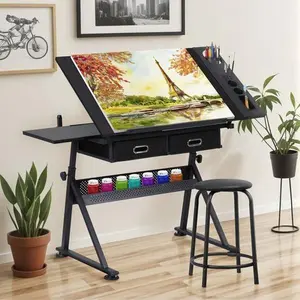 Drafting Drawing Table Tiltable Tabletop Workstation Adjustable Height w/Stool