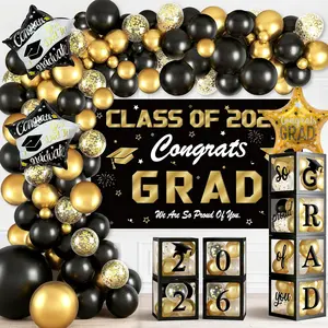 Black and  Graduation Decorations 2026, 138 count Graduation Balloon Arch Kit with 4 Grad Boxes, 2026 Graduation Backdrop, Foil Balloons & Congrats Grad Party Decor