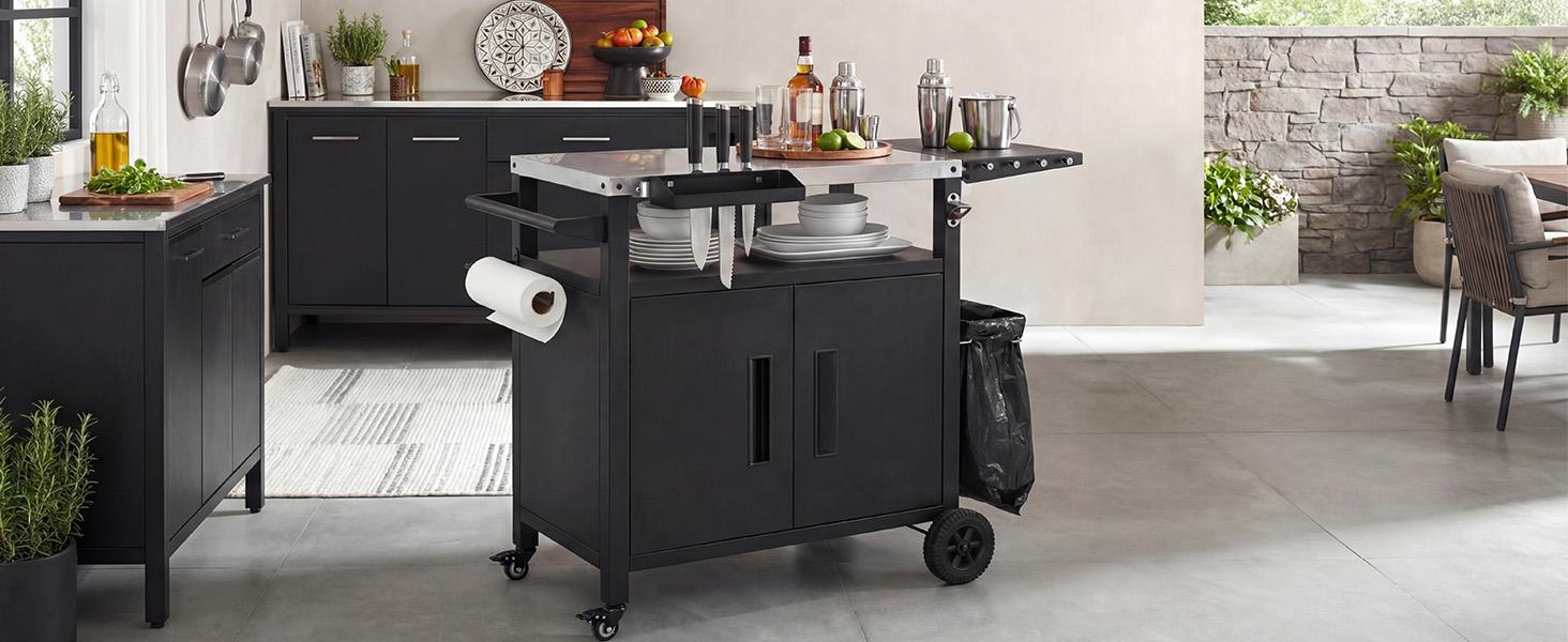 K&K Outdoor Grill Cart with Storage Cabinet, Foldable Table, Pizza Oven Table, Stainless Steel Top, Hooks, Spice Rack, Waterproof Cover, 4 Secure Locking Wheels, Heavy Duty Structure, 45 Gallons Closed Storage, 20 Gallons Open Storage K&K Outdoor Grill Cart with Storage Cabinet, Foldable Table, Pizza Oven Table, Stainless Steel Top, Hooks, Spice Rack, Waterproof Cover, 4 Secure Locking Wheels, Heavy Duty Structure, 45 Gallons Closed Storage, 20 Gallons Open Storage
