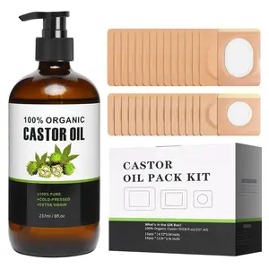 30 Pack Castor Oil Patches Kit with 8 oz Organic Cold Pressed Castor Oils, Comfortable Organic Cotton Castor Oil Pack Wrap for Stomach, Belly Button and Liver Detox, Easy to Use and Hygienic