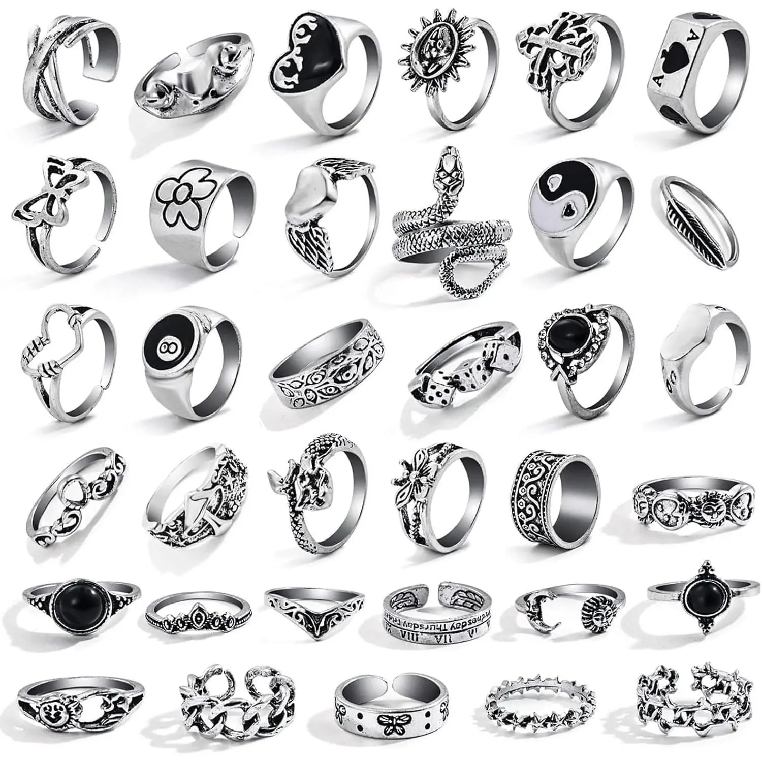 26-35 Pcs   Knuckle Rings Set for Women Men, Grunge Gothic Rings Chunky Aesthetic Snake Stackable Adjustable Punk Bulky Finger Alt Fairy Skull Frog Heart  Flower Midi Ring Pack