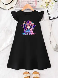 Girls' Cyberpunk K-Pop Nova Beat Dress, Star Print Sleeveless Casual, Breathable Comfort Fit, Korean Style Fashion
