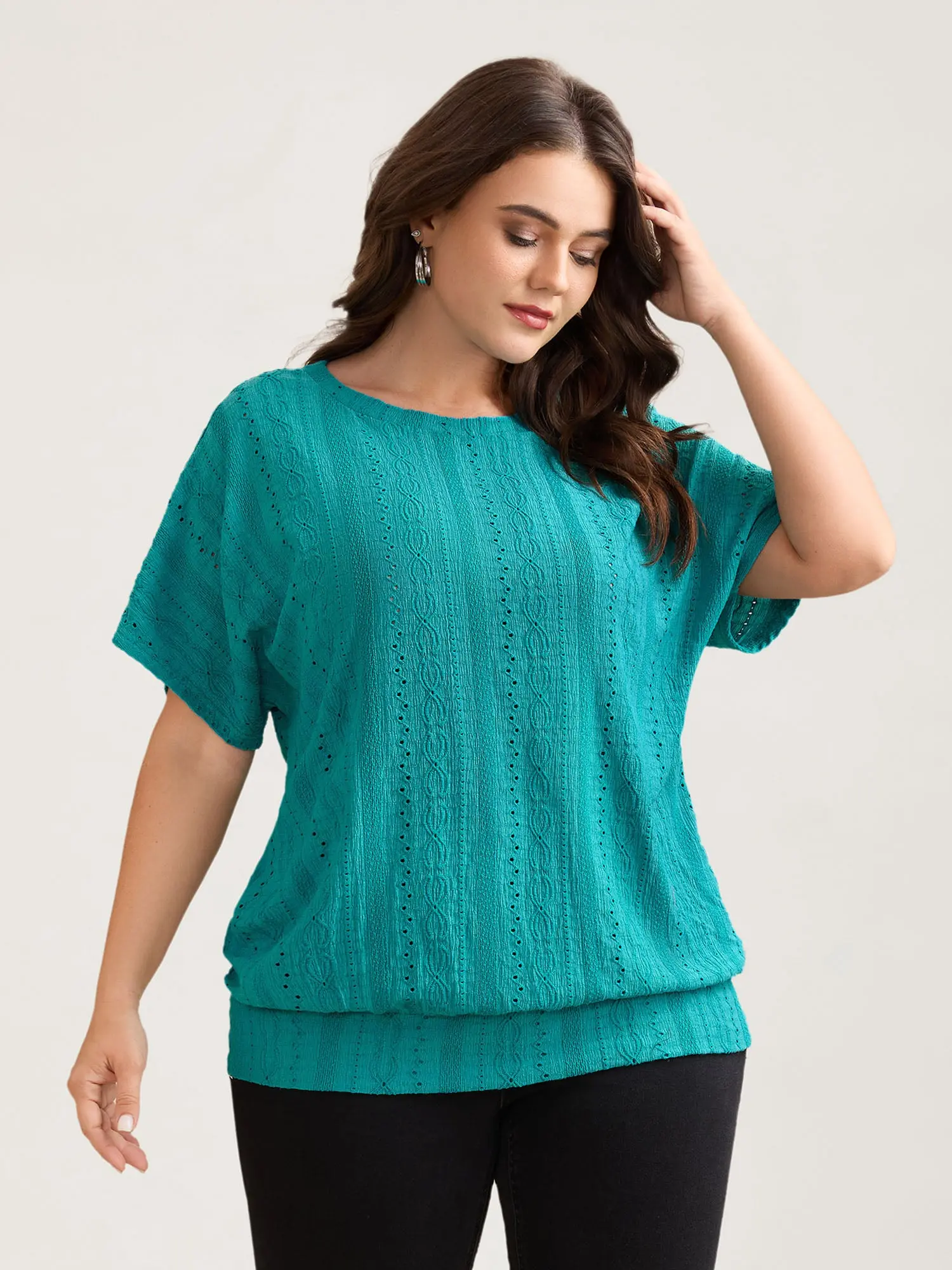 BLOOMCHIC Plus Size Women's Summer Tops [M-6X] - Stretchy Textured Short Sleeve Blouse with Eyelet Trim, Batwing Sleeve Casual Shirt, Flattering Everyday Outfit,2026 Summerfinds Womenswear