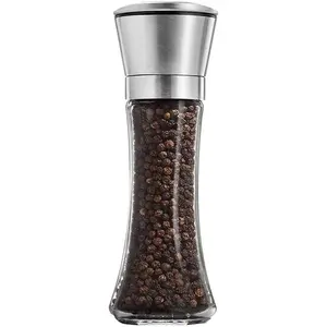 Tall Size Refillable Manual Salt and Pepper Grinder Adjustable Coarseness Glass Mill with Stainless Steel Lid for Home Kitchen Barbecue