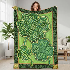 Celtic Shamrock Flannel Blanket with Green Plaid and Knot Print  Soft Warm Lightweight Cozy Throw  Perfect for Home Decor  Sofa  Bed  Holiday Celebration  Gift Giving  Outdoor Picnic