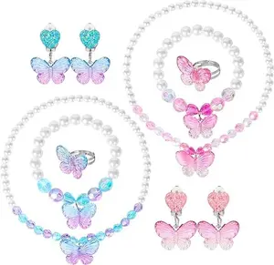 Mother Day Gift 2 Sets Princess Jewelry for Little Girls, Butterfly Kids Jewelry Set, Stretch Necklace Bracelets, Rings and Clip on Earrings Perfect for Dress Up, Birthday Parties