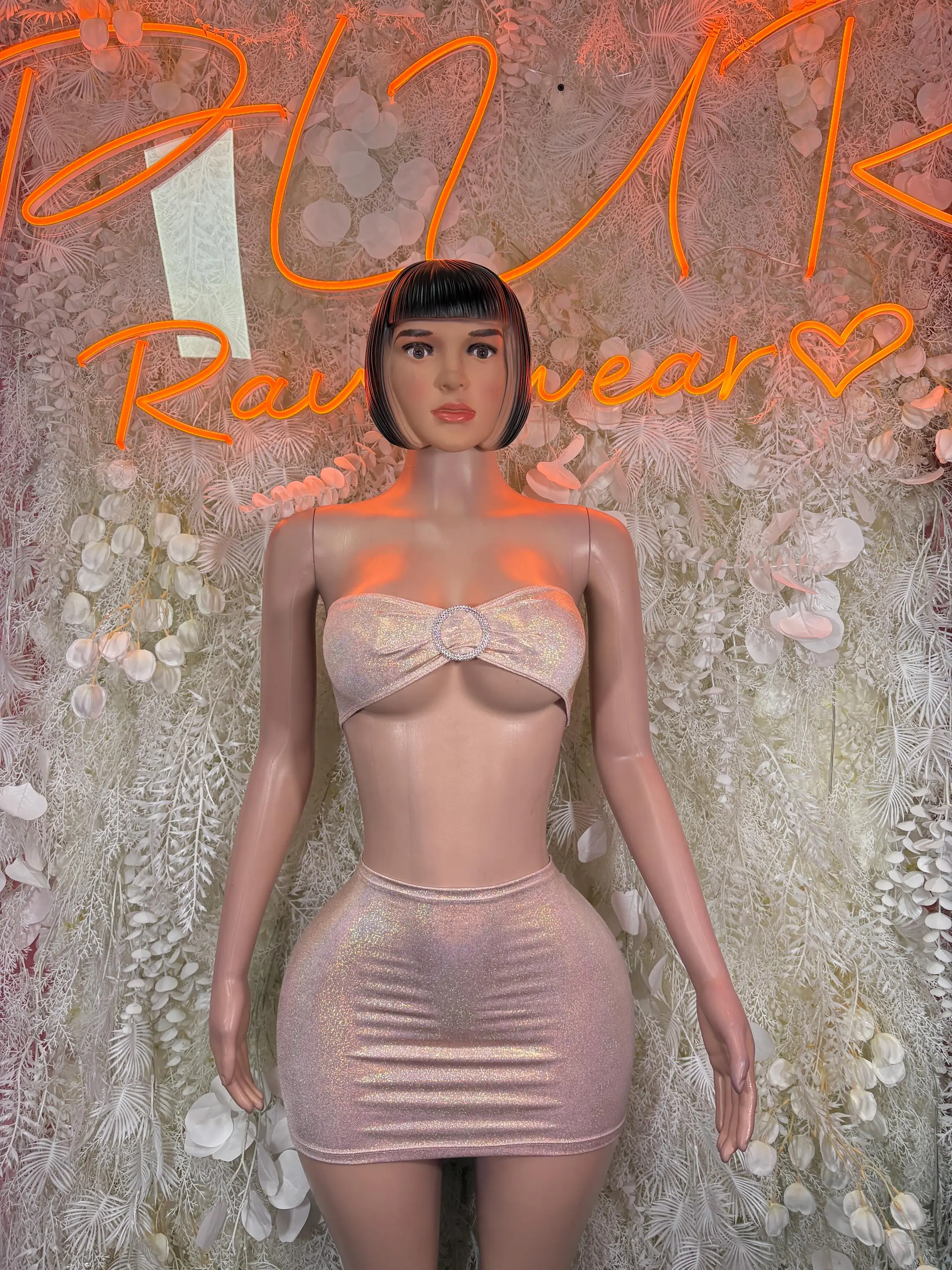 Nude Holographic Two Piece Set, Sparkly Mini Skirt, Rhinestone Bandeau Top, Festival Outfit, Rave Clothing, Clubwear, Dancewear, EDM Fashio