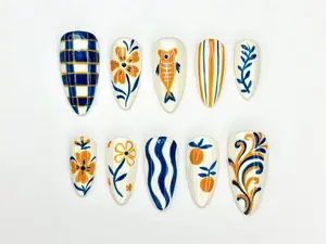 Summer Pottery Press On Nails | Blue Orange Floral Nail Art | Greek Pattern Summer Nails