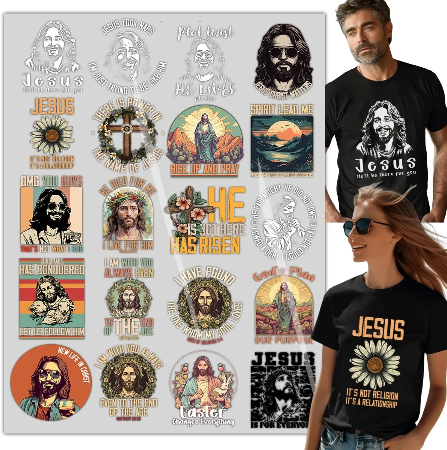 20PCS Christian Jesus DTF Heat Transfer Designs – Religious Faith Iron On Transfers for T-Shirts, DIY Apparel, Easter & Bible Verse Prints, Ready to Press