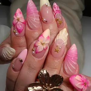 24pcs Set of Medium to Long Almond-Shaped False Nails with French Sweet Floral Patterns And Cute Golden Starfish, As Well As Soft Corrugated Glittery Golden Beads/Pink 3D Butterfly Carvings Flowers/Summer 3D Gradient Ice Flowers, Suitable for All Women.