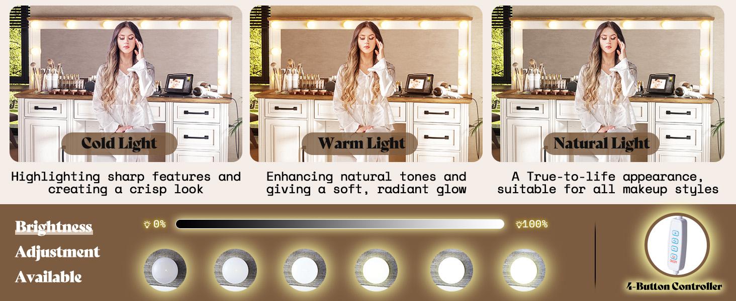 AMERLIFE 55.1" W Makeup Vanity with Hollywood Mirror, Glass Top Vanity with 5 Drawers & Adjustable Cabinet & Charging Station, 10 Detachable Light Bulbs, Bedroom/Salons/Best Gift Ideas/Christmas Gifts