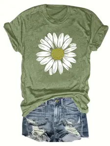 Women's Floral Print Round Neck Fitted Jersey Fabric Tee, Casual Short Sleeve Crew Neck Graphic T-Shirt for Summer, Fashion Women's Top for Daily Wear