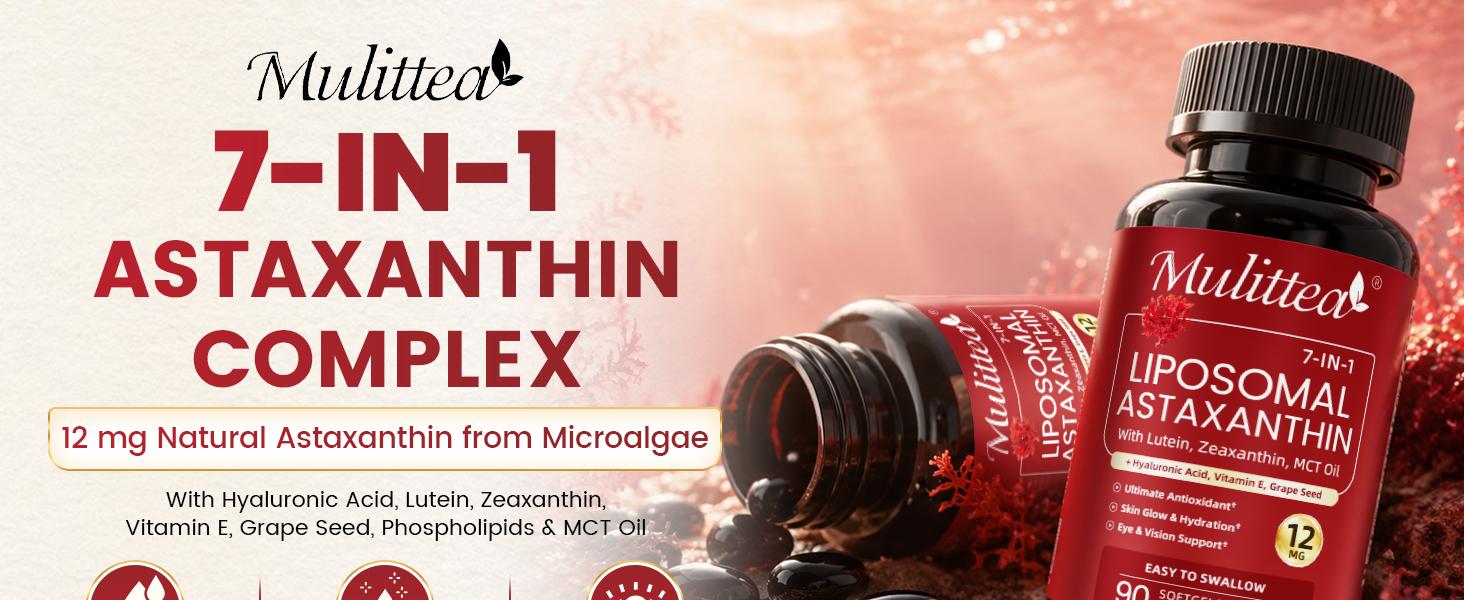 Liposomal Astaxanthin 12mg with Hyaluronic Acid & Lutein for Skin & Eye | 7-IN-1 Vegan Softgels with Vitamin E, Zeaxanthin, Phospholipids & MCT for Antioxidant, Skin Hydration, GMP, Gluten Free, 90ct