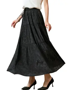 Women's Black High-Waist Tiered Midi Skirt - Flowy A-Line with Elegant Drape  LE-DQ042