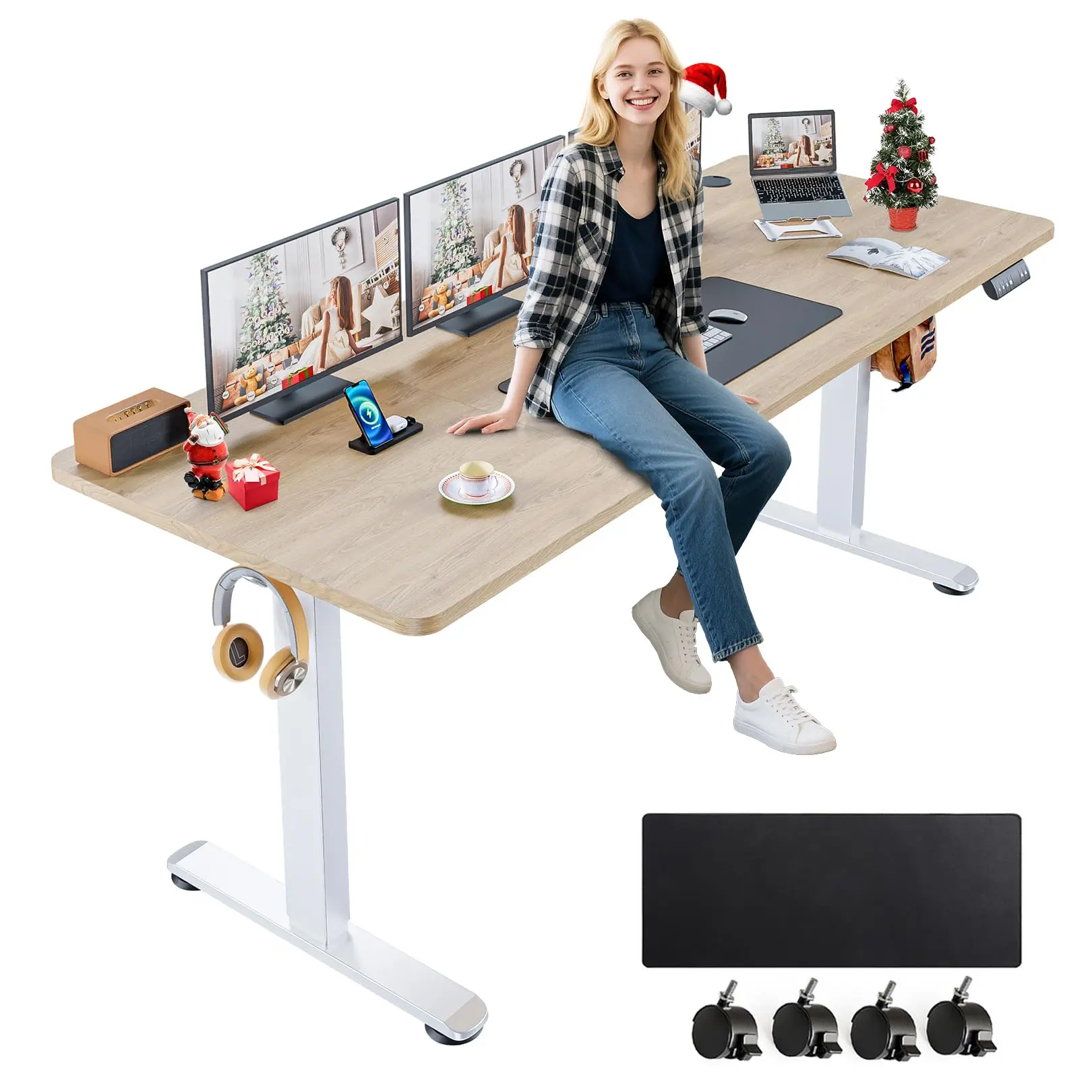 70"W Electric Standing Desk Stand Up Desk with Wheels Gaming Desk Computer Table Office Essential Height Adjustable from 27''-45'' Ergonomic Sit Stand Desk Computer Workstation for Home Office Easy Movement