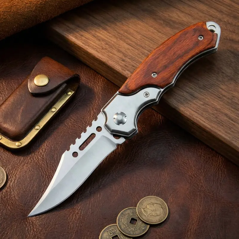 New Upgraded Folding Pocket Knife 8.2" 5CR13MOV Blade, Wooden Handle with Pocket Clip, For Camping, Hiking, Survival, PIPCool Gift for Men & Women