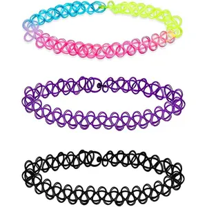 3PCS Black Tattoo Choker Necklace Rainbow Tattoo Chokers Necklace Purple Tattoo Choker 90s Chokers Gothic Y2K 2000s Collar Adjustable Stretchy Elastic Necklace Jewelry Gift for Women