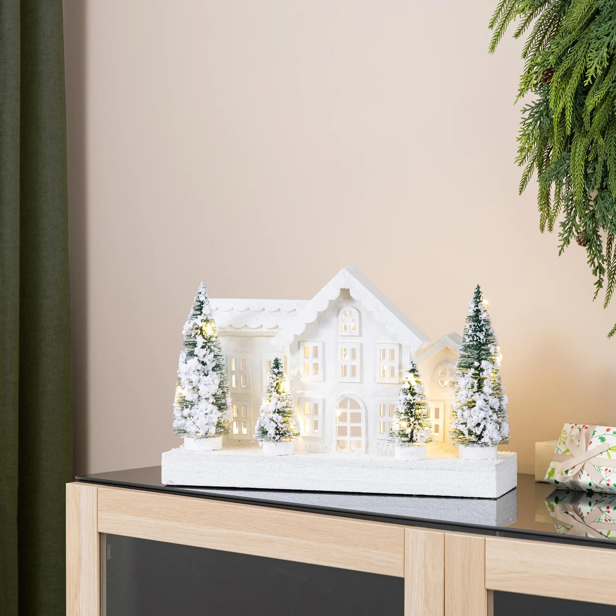 【Christmas in July】 Glitzhome 16"L Lighted Christmas Wooden Snowed Villages Table Decor