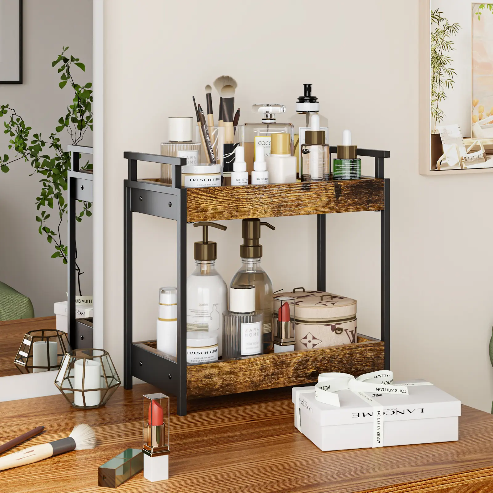 KLM Durable Countertop Coffee Station Organizer, 2-Tier Wooden Rack, Condiment Storage Caddy for Kitchen, Home Use