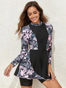 Women's Tropical Print Half Zip Up One-piece Swimdress, Casual Long Sleeve Round Neck Swimwear for Beach Holiday Vacation, Ladies Swimsuit for All Seasons, Swimdress Swimming