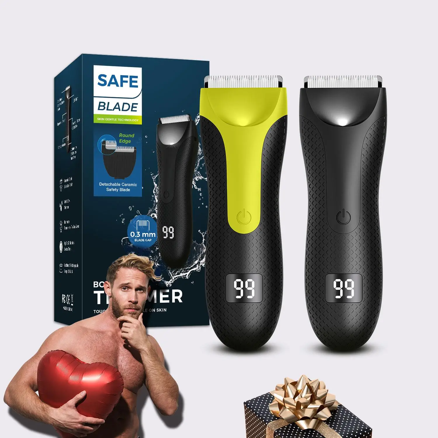Showerproof Body & Manscaping Trimmer, Epilator Hair Remover, Electric Body and Intimate Hair Groomer, Cordless Groin Hair Clipper, Replaceable Cerami