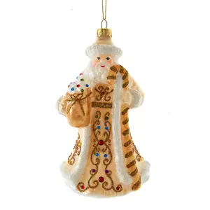 Kurt Adler Glass Ornament for Christmas Tree, White and Gold Jeweled Santa 6.5"