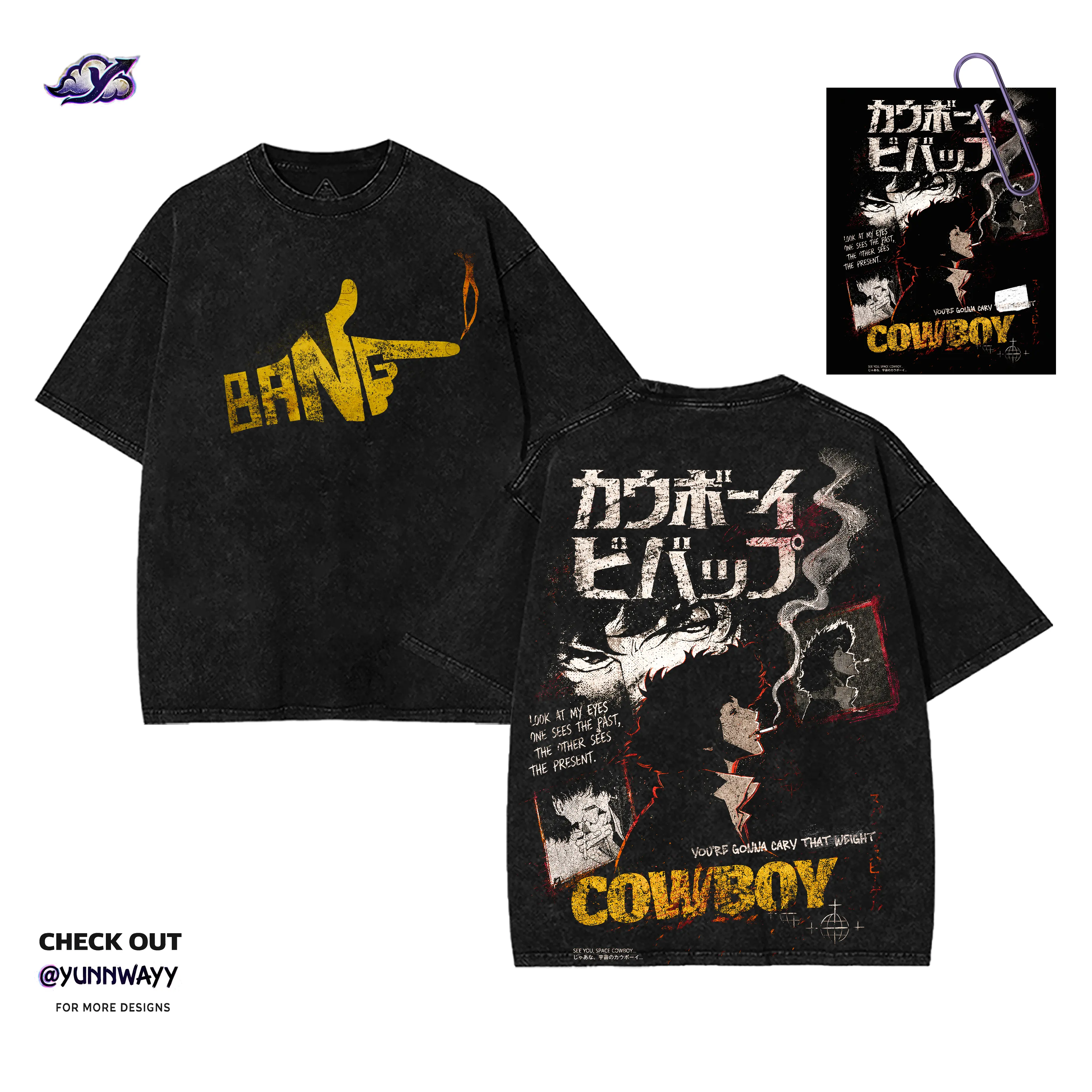 Cowboy Bebop Anime Y2K Graphic T-Shirt for Men - Washed Print Vintage Cotton Straight Top, Unisex Streetwear Casual Japanese Apparel for Anime Manga Fans